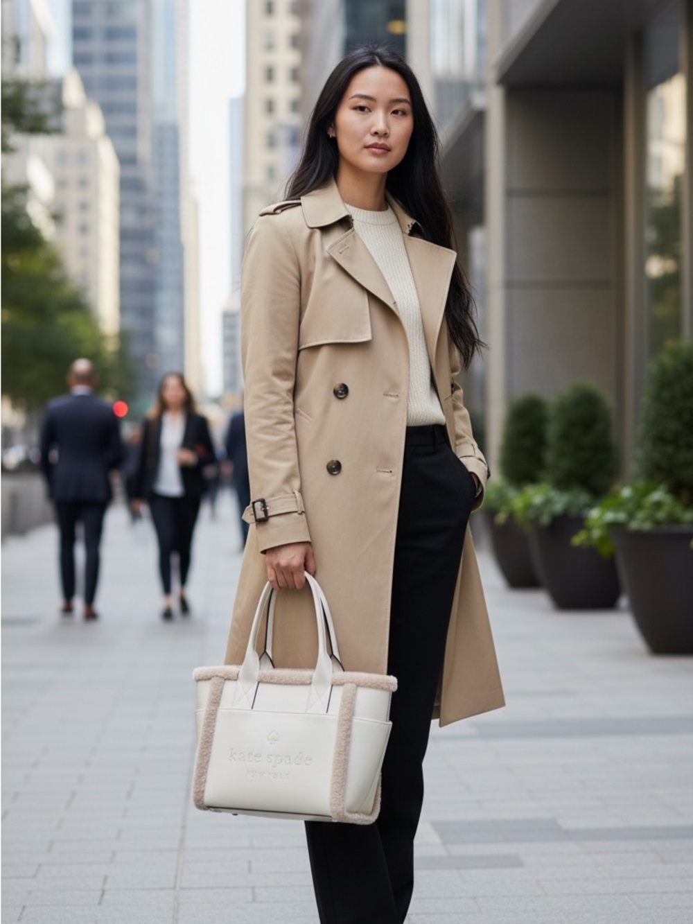 kate spade Cream Leather Tote with Shearling Trim - FREE make up toiletry bag!